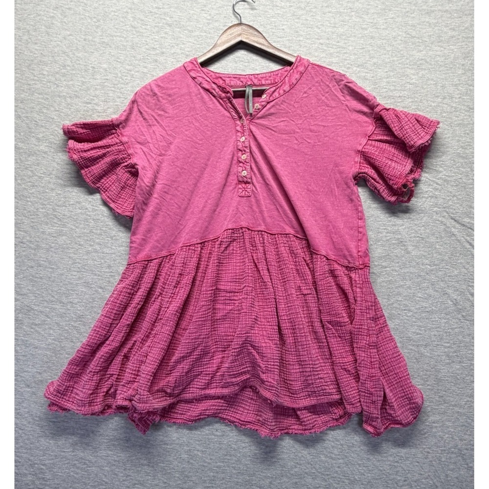 Anthropologie Tunic Mini Dress Women XSP Pink Textured Ruffle Sleeve Henley Neck